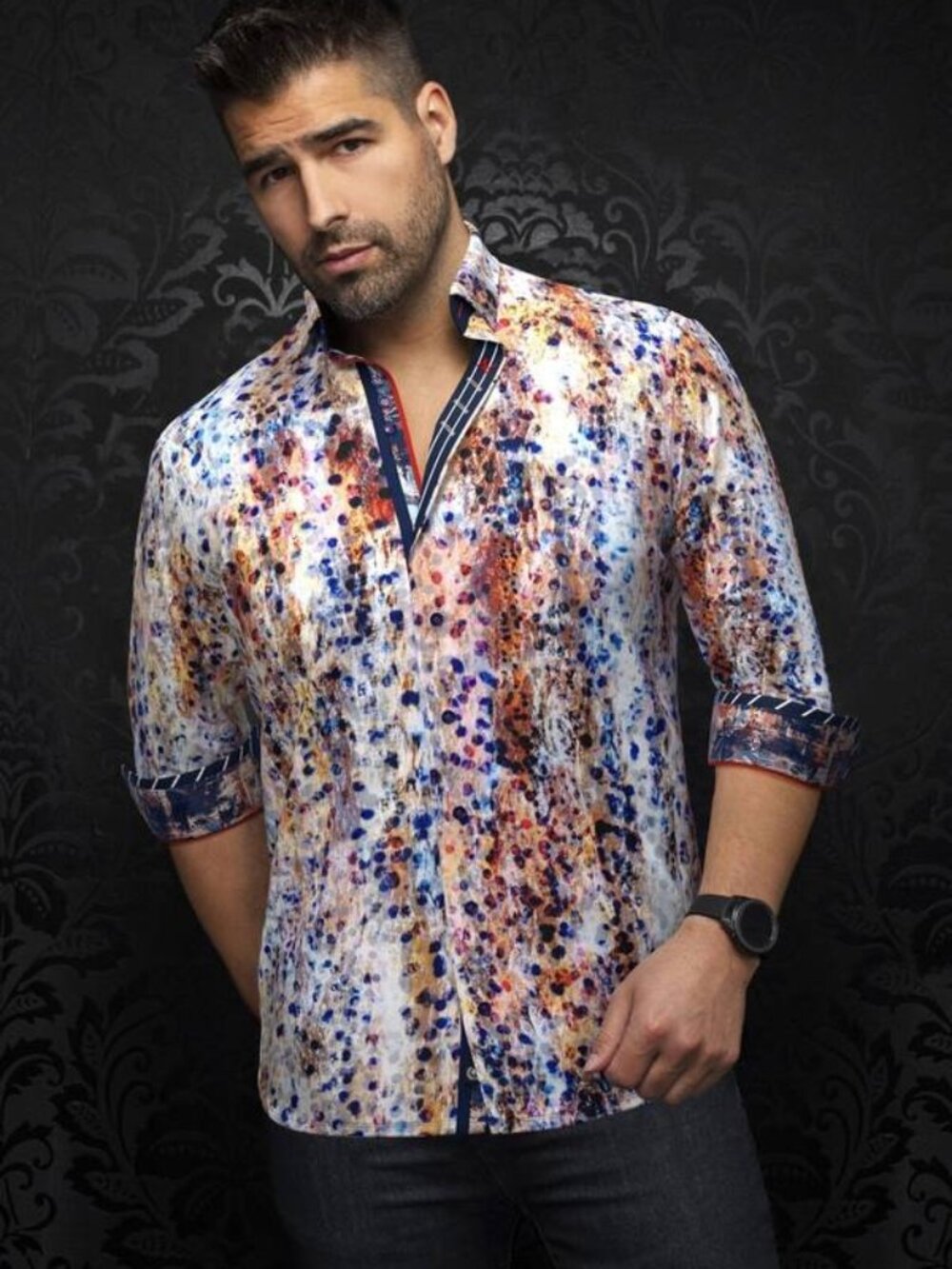 NEW AU NOIR Men’s Tongas Abstract Print Long Sleeve Button-Up Shirt  Multicolo